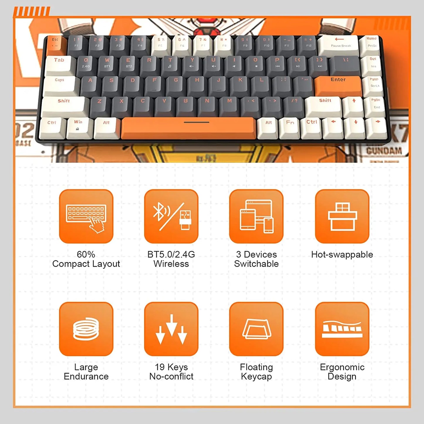 Tastiera meccanica wireless RK68 60%, Bluetooth 5.0/2.4GHz con ricevitore 2 in 1 dual mode, tastiera gaming hot-swappable a 68 tasti