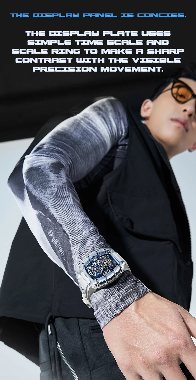 BONEST GATTI New Fully Automatic Men Watch Skeleton Mechanical Watch Rubber Black Band Luminous Barrel Shaped Men Watch