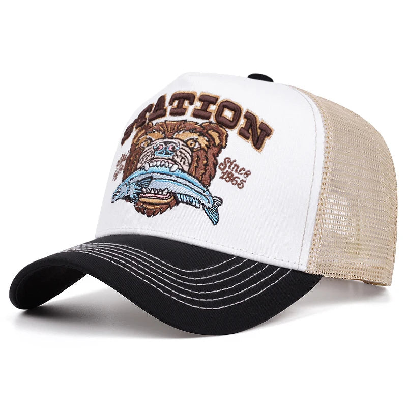 2025 New Bear Eating Fish Street Dance Hip Hop Hat Truck Hat Outdoor Skateboarding Hat Sunshade Baseball Hat Breathable Mesh Hat