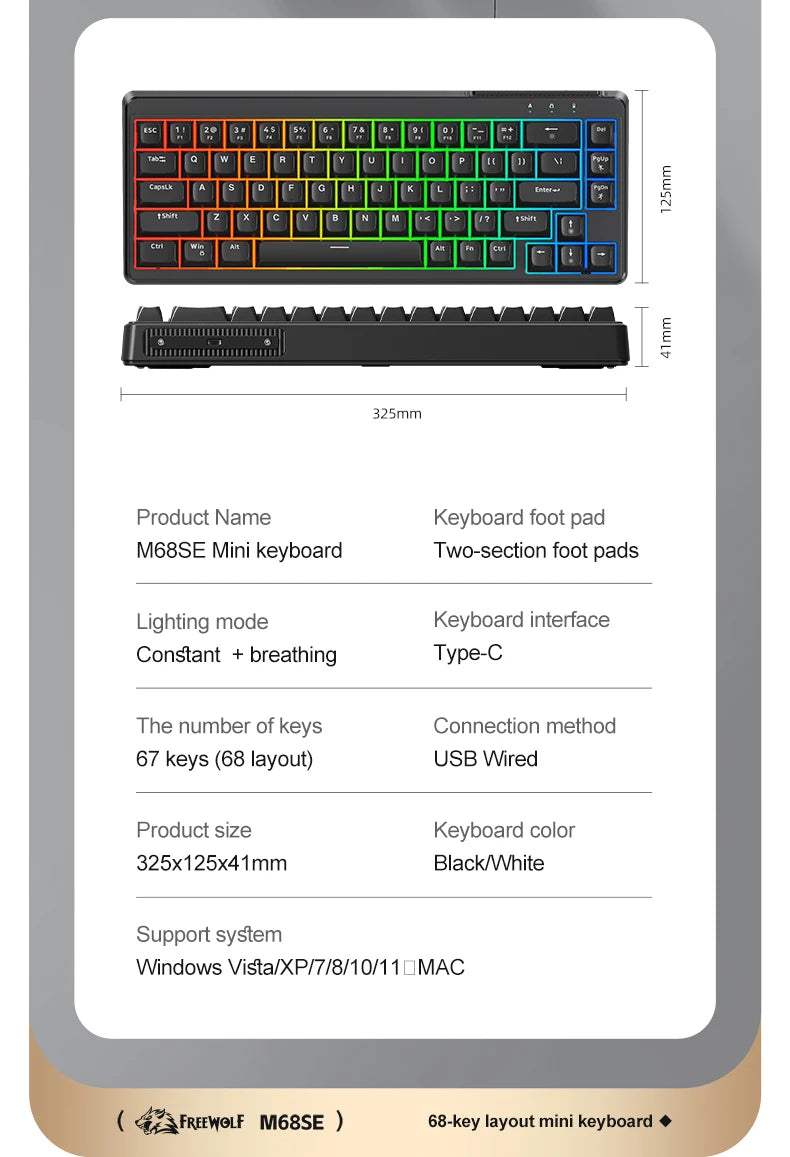 FREEWOLF M68SE Teclado mini con cable de 68 teclas, retroiluminación RGB, Type-C, diseño 68%, compacto para gaming, oficina, PC y portátil