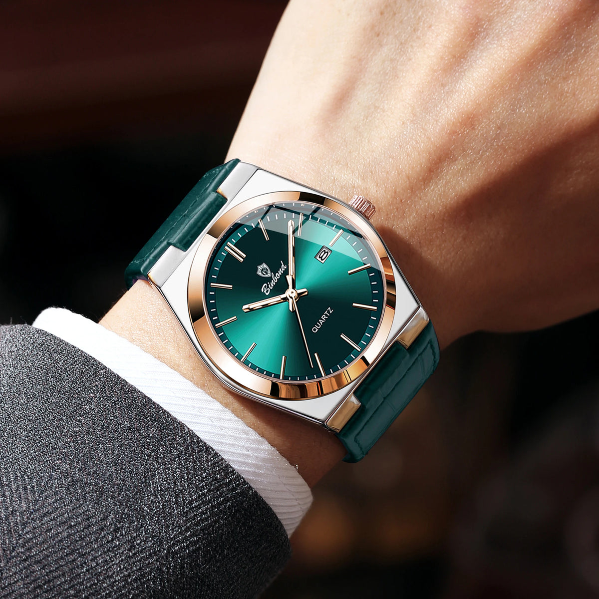 Relógio de pulso de luxo BINBOND com movimento de quartzo para homem – Impermeável, luminoso, com data automática – Estilo profissional, desportivo, moderno e descontraído – Pulseira em pele
