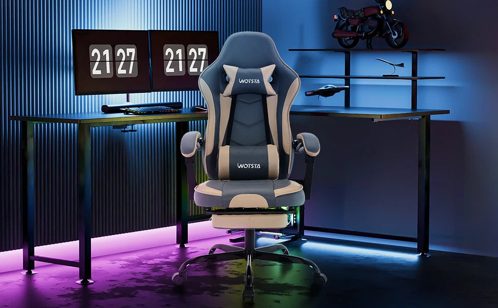 Silla gaming WOTSTA con reposapiés, silla para gamers ergonómica con cojín lumbar, reposacabezas y altura ajustable para ordenador