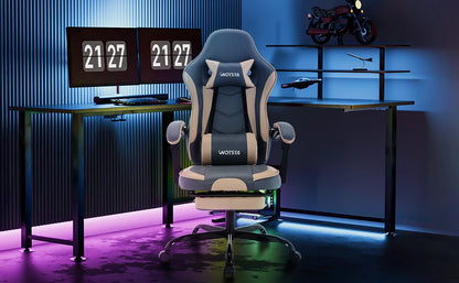 Silla gaming WOTSTA con reposapiés, silla para gamers ergonómica con cojín lumbar, reposacabezas y altura ajustable para ordenador