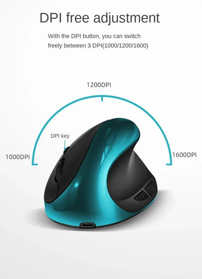 BTS-908 Mouse verticale ricaricabile di tendenza, mouse wireless ergonomico con ricevitore USB 2.4G, DPI regolabile fino a 1600 e 6 pulsanti