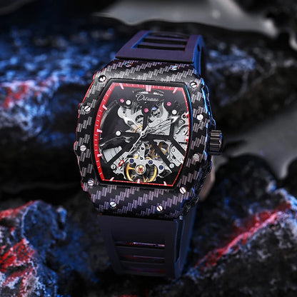 Mechaniczny zegarek Tourbillion dla mężczyzn, silikonowy pasek, szkieletowa koperta tonneau, automatyczne zegarki męskie, luksusowa topowa marka, reloj hombre