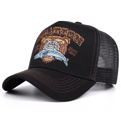 2025 New Bear Eating Fish Street Dance Hip Hop Hat Truck Hat Outdoor Skateboarding Hat Sunshade Baseball Hat Breathable Mesh Hat