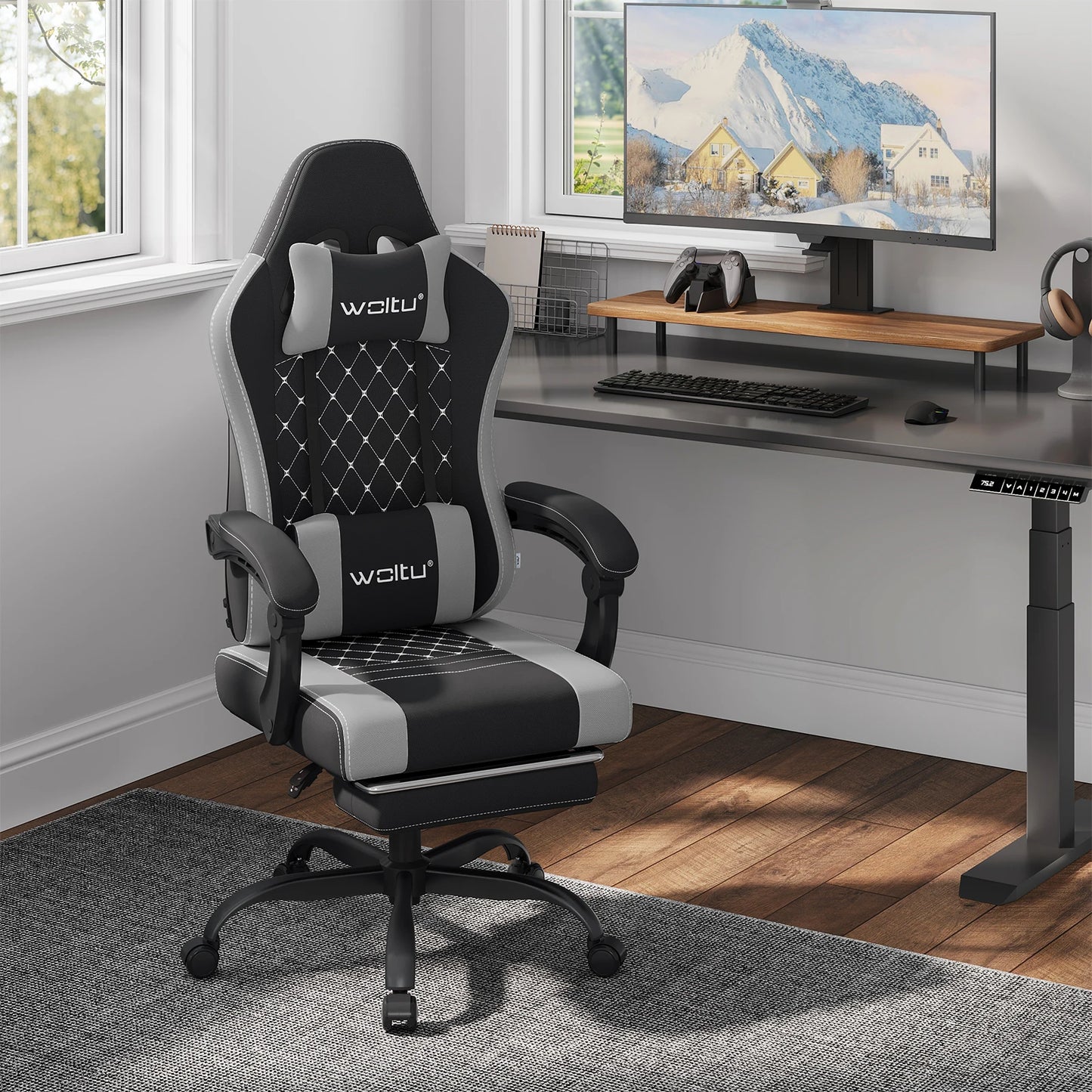 Silla de ordenador giratoria WOLTU con función de masaje, silla de oficina ergonómica con almohada y reposapiés, silla gaming ajustable en altura