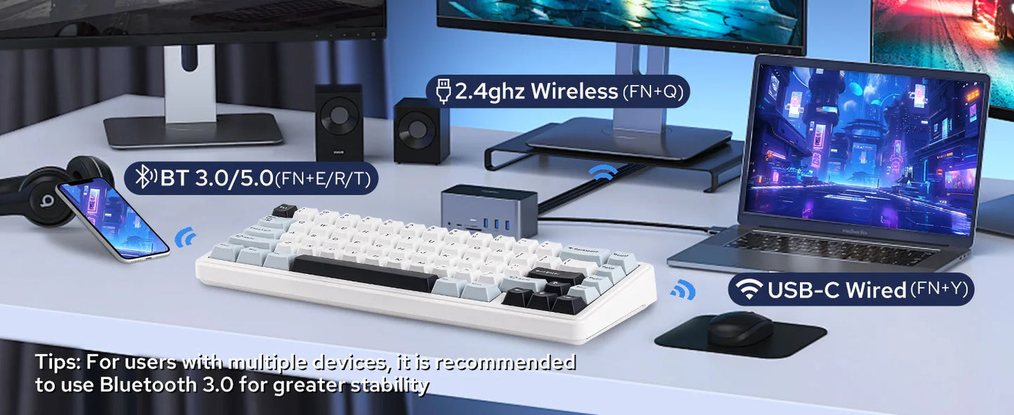 Teclado mecánico EPOMAKER x AULA F65 con distribución 65%, hot-swap, montaje gasket y conexión con cable/Bluetooth/inalámbrica 2.4G para Mac/Win