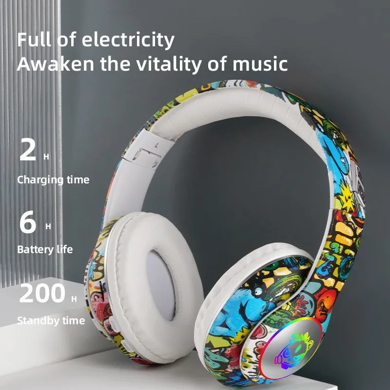 Nuovo headset gaming Bluetooth wireless Graffiti LX-8686 con microfono, luce LED, supporto per scheda TF, bassi profondi e cuffie over-ear per PC, gaming e bambini