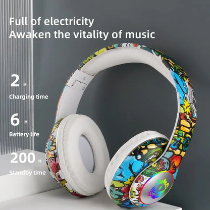 Nuovo headset gaming Bluetooth wireless Graffiti LX-8686 con microfono, luce LED, supporto per scheda TF, bassi profondi e cuffie over-ear per PC, gaming e bambini