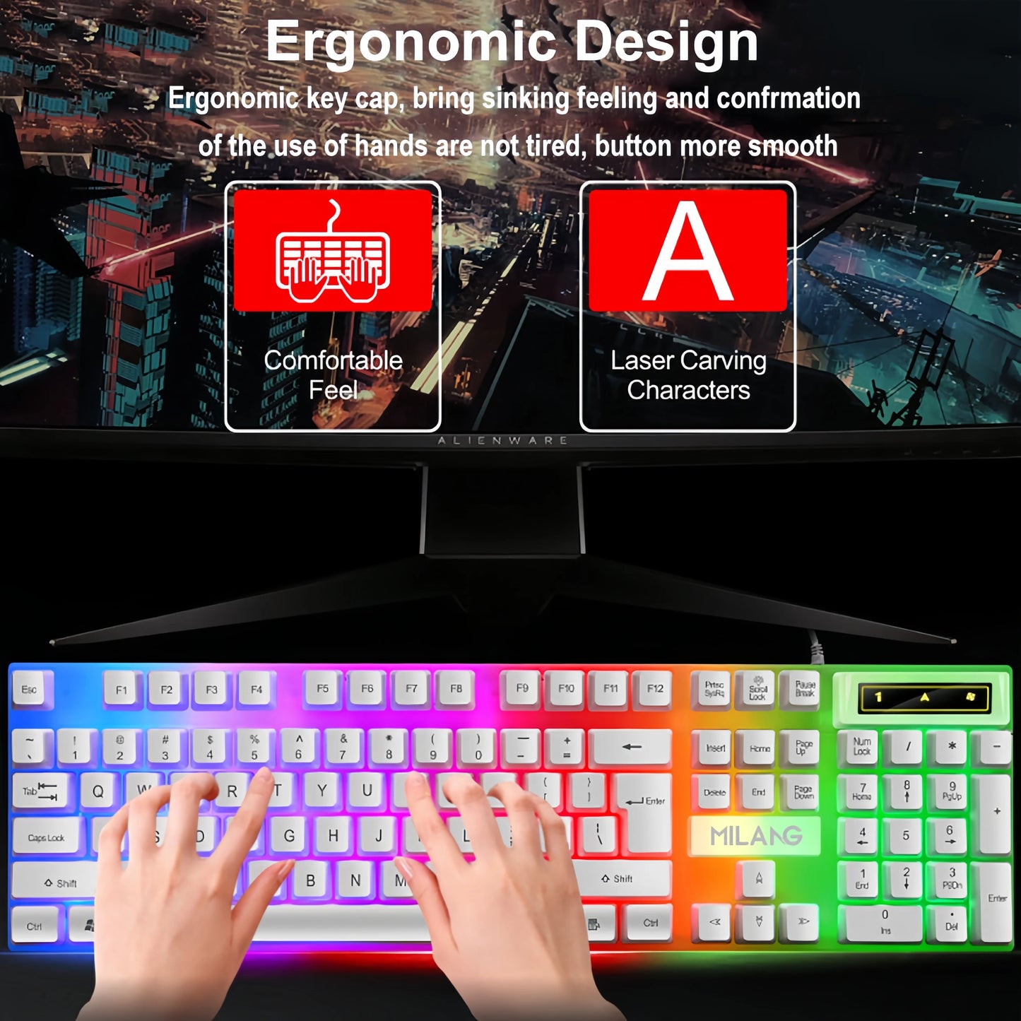 Teclado gaming RGB USB con cable de 104 teclas, cable de 1.3M, teclado de membrana con sensación mecánica para PC, portátil, Windows e IOS