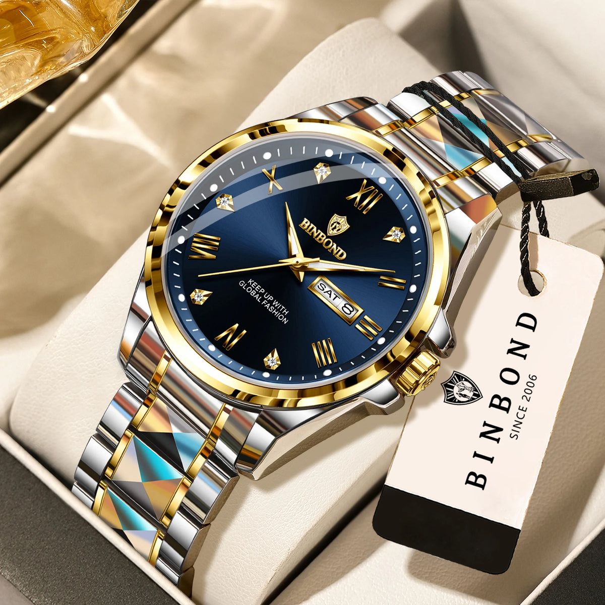 Relógio de pulso de quartzo para homem BINBOND – Estilo profissional, luxuoso, luminoso, robusto e duradouro, estanque, com indicação automática da data e do dia da semana.