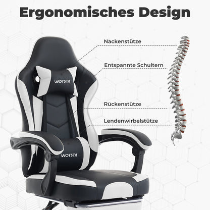 Silla gaming WOTSTA con reposapiés, silla para gamers ergonómica con cojín lumbar, reposacabezas y altura ajustable para ordenador