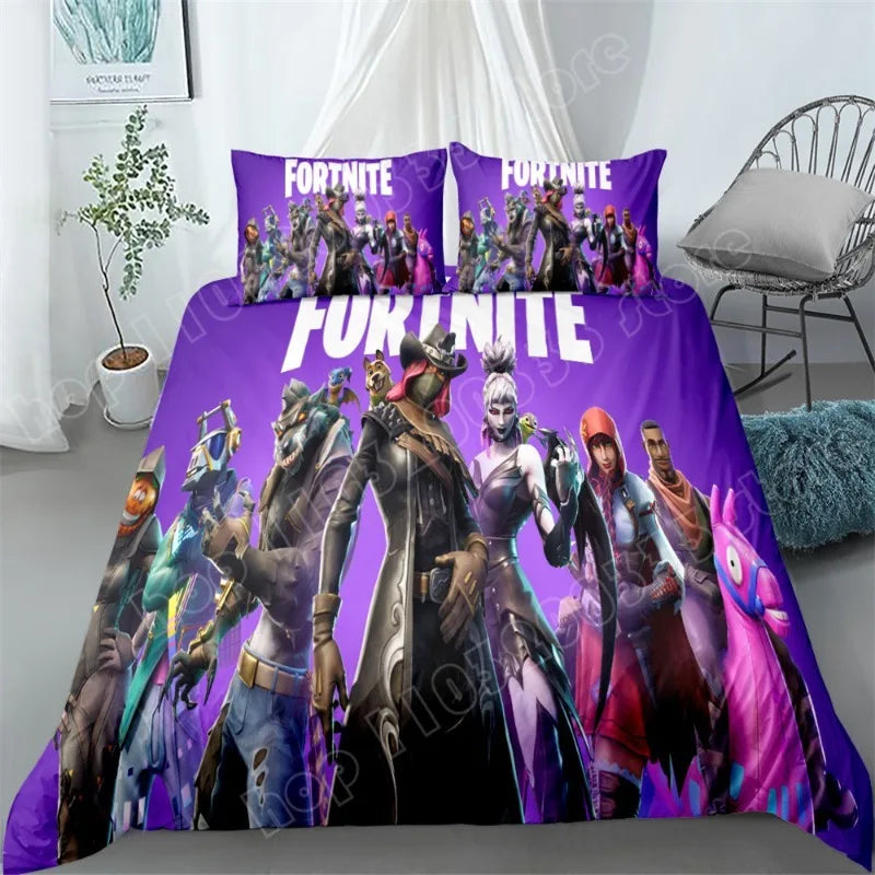 Juego de cama Fortnite de 3 piezas, ropa de cama para dormitorio con estampado 3D, diseño de videojuego y dibujos animados, funda nórdica y funda de almohada decorativas, regalo de cumpleaños