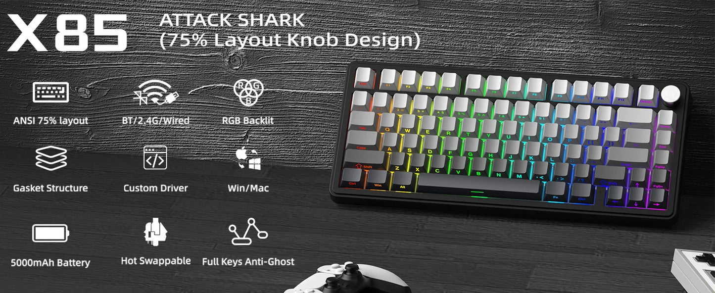 Tastiera meccanica ATTACK SHARK X85 Tri-mode Gasket 75% con manopola CNC, imbottitura a 5 strati, hot swappable, retroilluminazione RGB, NKRO