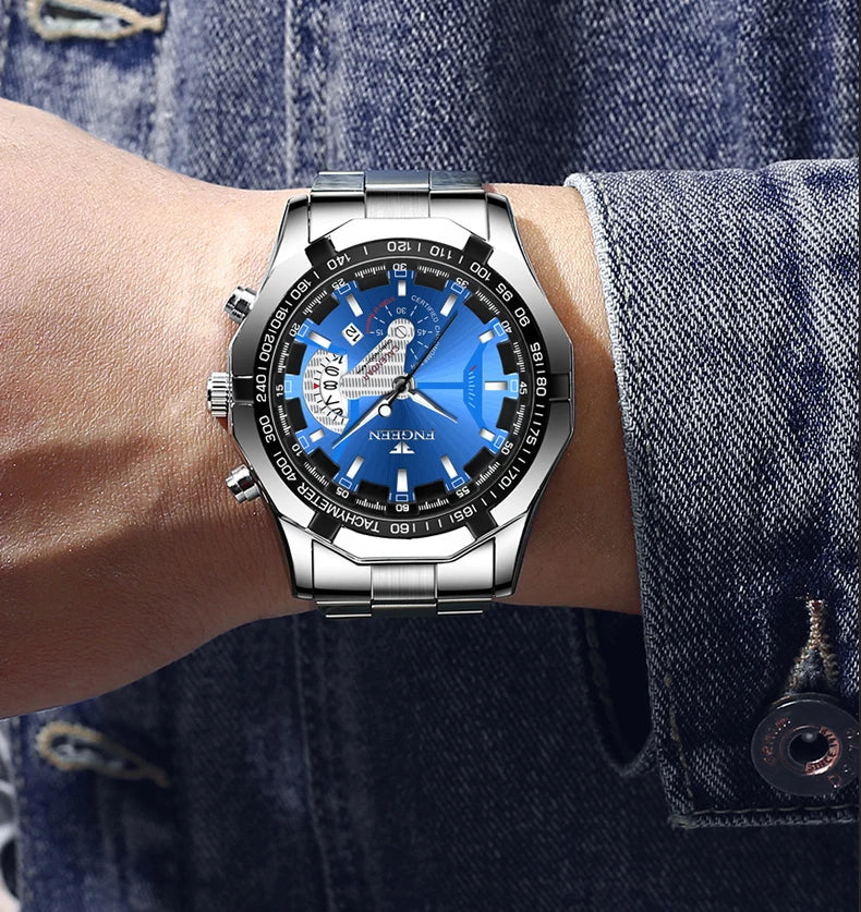 Armbandsur för män, i militär-, casual- eller sportstil, med kvartsverk, från ett prestigefyllt varumärke, helt i stål, vattentätt
