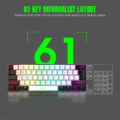 Tastiera meccanica cablata 61 tasti bianca, switch nero e blu, impermeabile, RGB illuminata, kit gaming e ufficio PUBG gamer retroilluminato