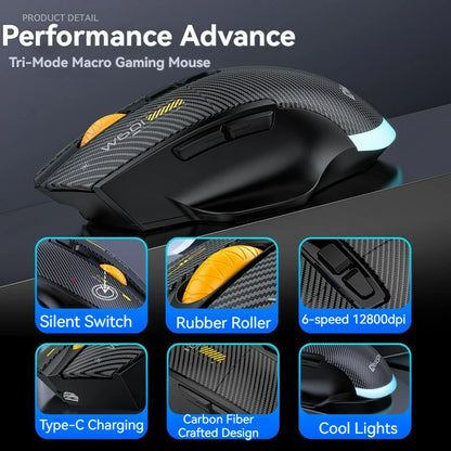 Mouse gaming tri-mode 12800DPI 2.4G Wireless Bluetooth cablato in fibra di carbonio, pulsante silenzioso, programmazione macro, 500mAh, 7 tasti