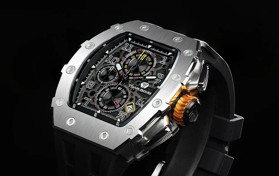 Reloj TSAR BOMBA para hombre, marca de lujo, diseño tonneau, impermeable, de acero inoxidable, reloj de pulsera de moda rectangular para hombre