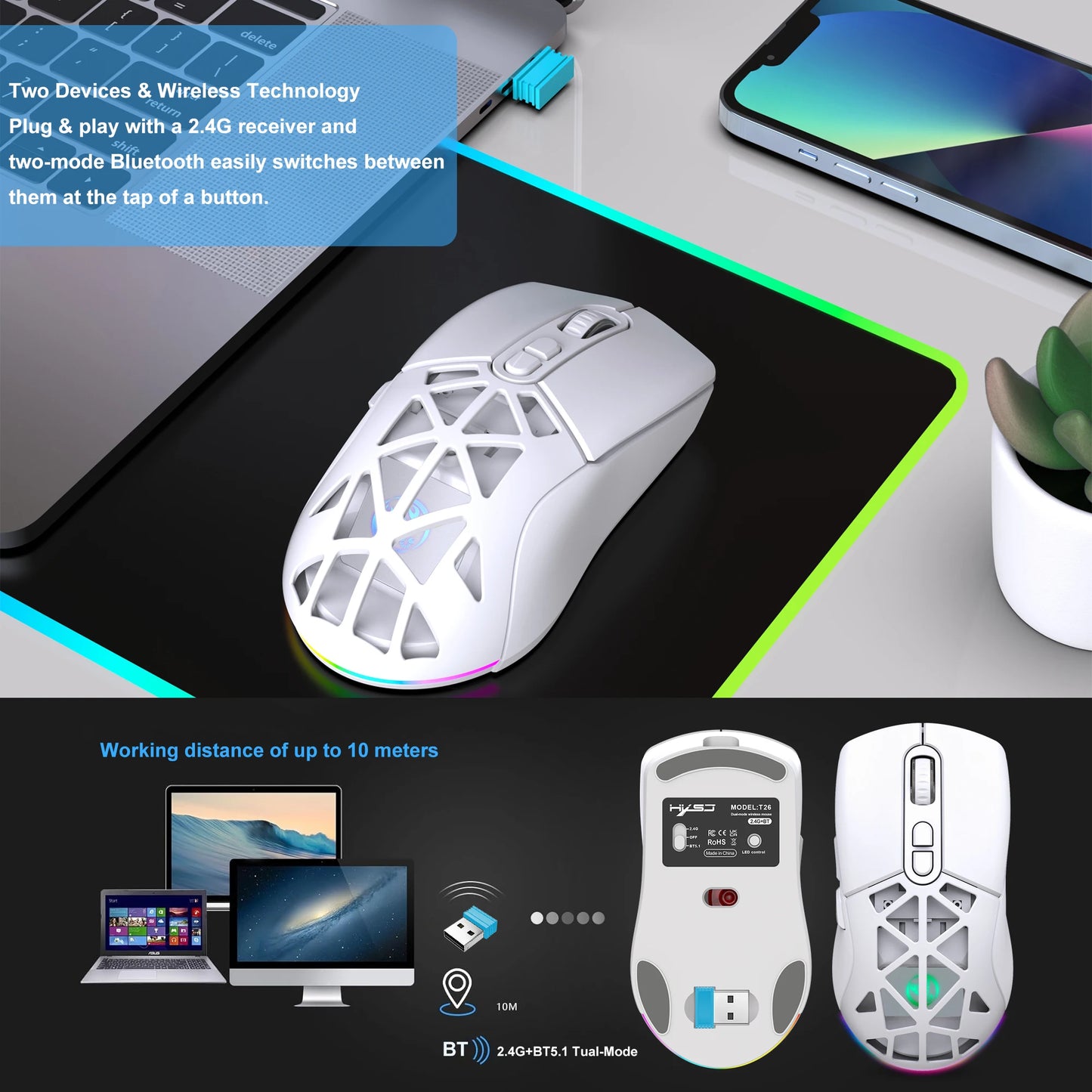 Ratón gaming HXSJ T26 de doble modo 2.4G+BT5.1, inalámbrico para portátil, 4800DPI ajustables, óptico, ergonómico para gamer