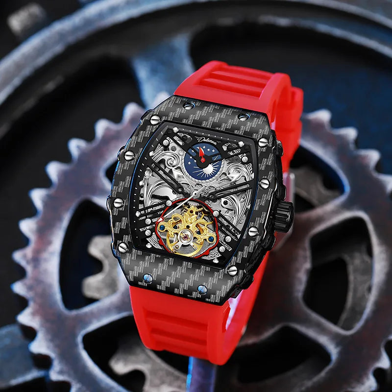 Mechaniczny zegarek Tourbillion dla mężczyzn, silikonowy pasek, szkieletowa koperta tonneau, automatyczne zegarki męskie, luksusowa topowa marka, reloj hombre