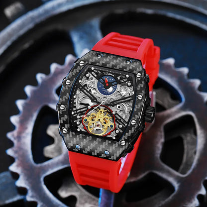 Mechaniczny zegarek Tourbillion dla mężczyzn, silikonowy pasek, szkieletowa koperta tonneau, automatyczne zegarki męskie, luksusowa topowa marka, reloj hombre