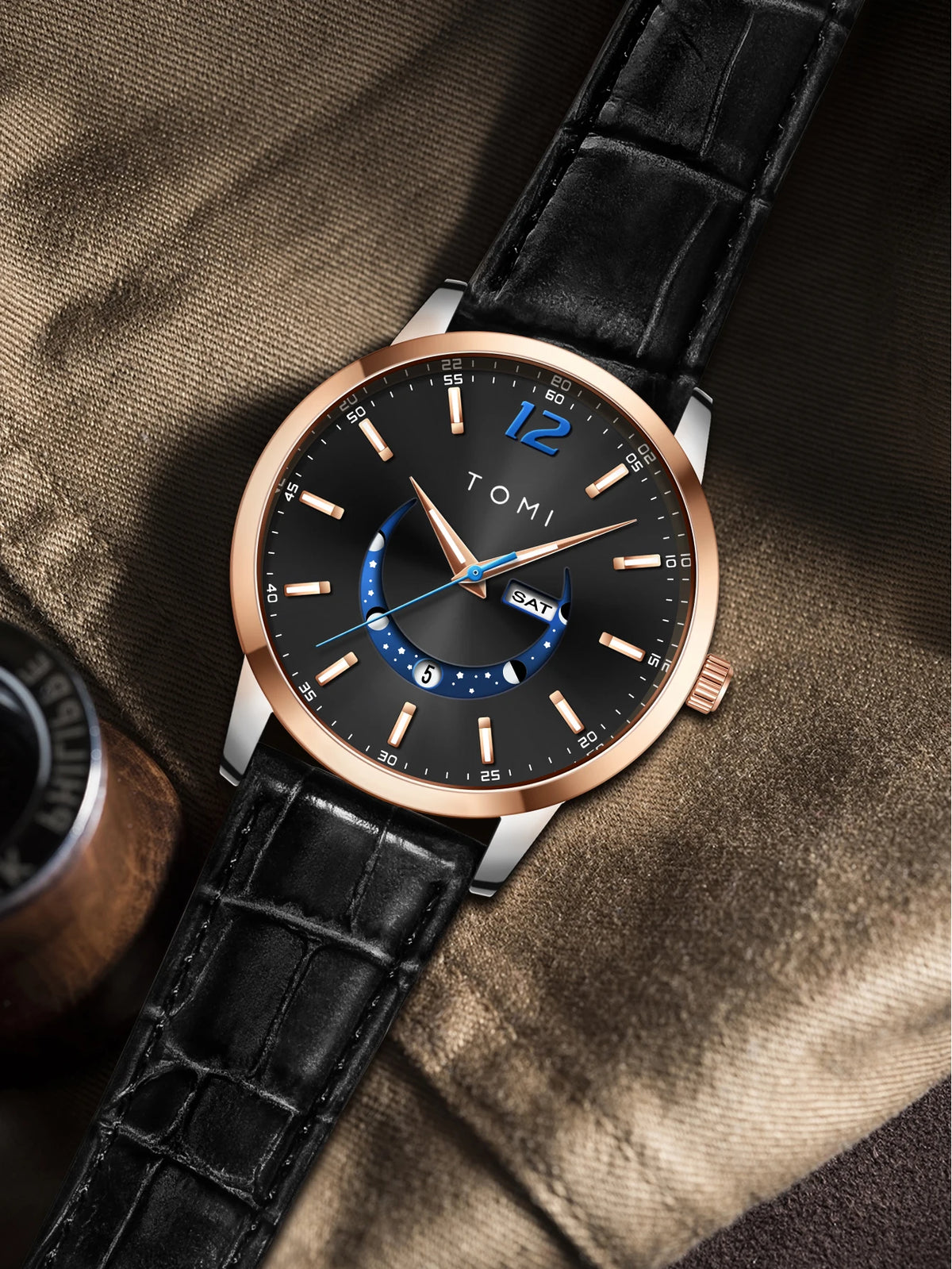 Relógio de quartzo TOMI, estilo empresarial e elegante, com bracelete em pele, caixa em liga metálica e mostrador com ponteiros – Design de alta qualidade, ideia de presente para homem