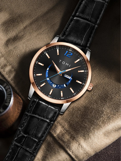 Relógio de quartzo TOMI, estilo empresarial e elegante, com bracelete em pele, caixa em liga metálica e mostrador com ponteiros – Design de alta qualidade, ideia de presente para homem