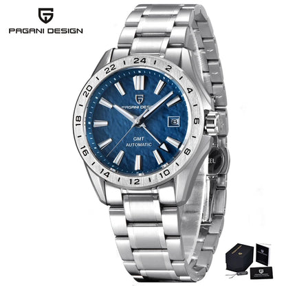 Pagani Design Men's Luxury GMT Automatic Watch Stainless Steel Case Sapphire Glass 100m Waterproof Mechanical Business Watch