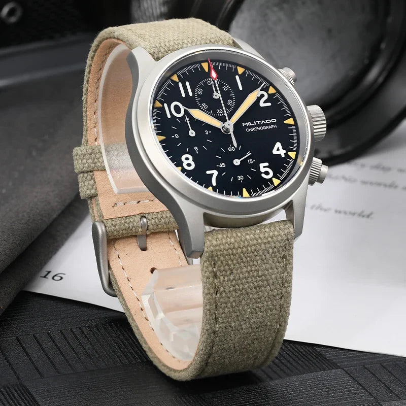 Orologio cronografo al quarzo Militado VK61 VK67, 39mm, cassa in acciaio inox 316L, 3 quadranti, impermeabile 100M, orologio militare multifunzione