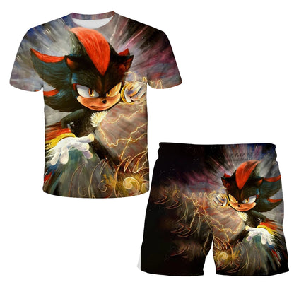 New Boys T-shirt Sonic The Hedgehog 3D T-shirt Set for Boys Girls Cute Summer Top + Shorts Children's Short-Sleeve Birthday Gift