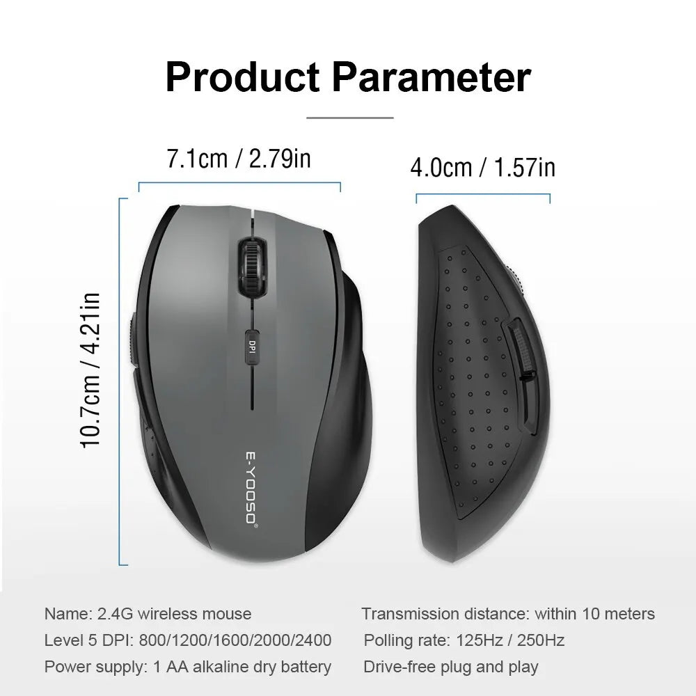 E-YOOSO E-1010 Mouse Wireless USB 2.4G da Gaming e Ufficio, Mouse Ottico 2400 DPI Ergonomico per Laptop, PC e Computer