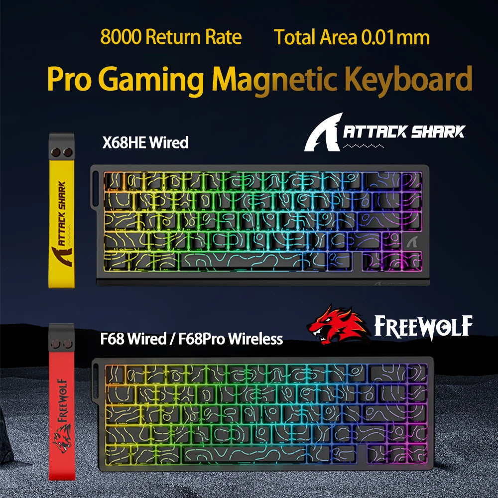 Tastiera a switch magnetici ATTACK SHARK X68HE cablata e FREEWOLF F68 cablata F68Pro wireless per gaming professionale 8K Hz 0.01mm Rapid Trigger