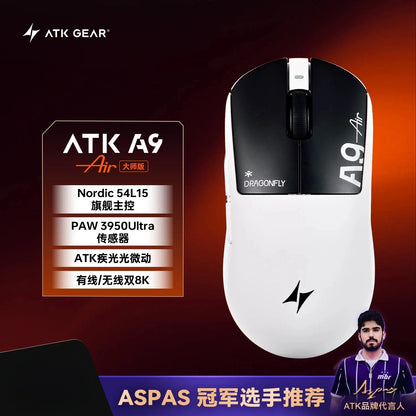 Mouse gaming wireless Bluetooth ATK Dragonfly A9, design ergonomico, risposta rapida, PAW3950 Ultra, 800mAh, leggero, 8KHz, eSport