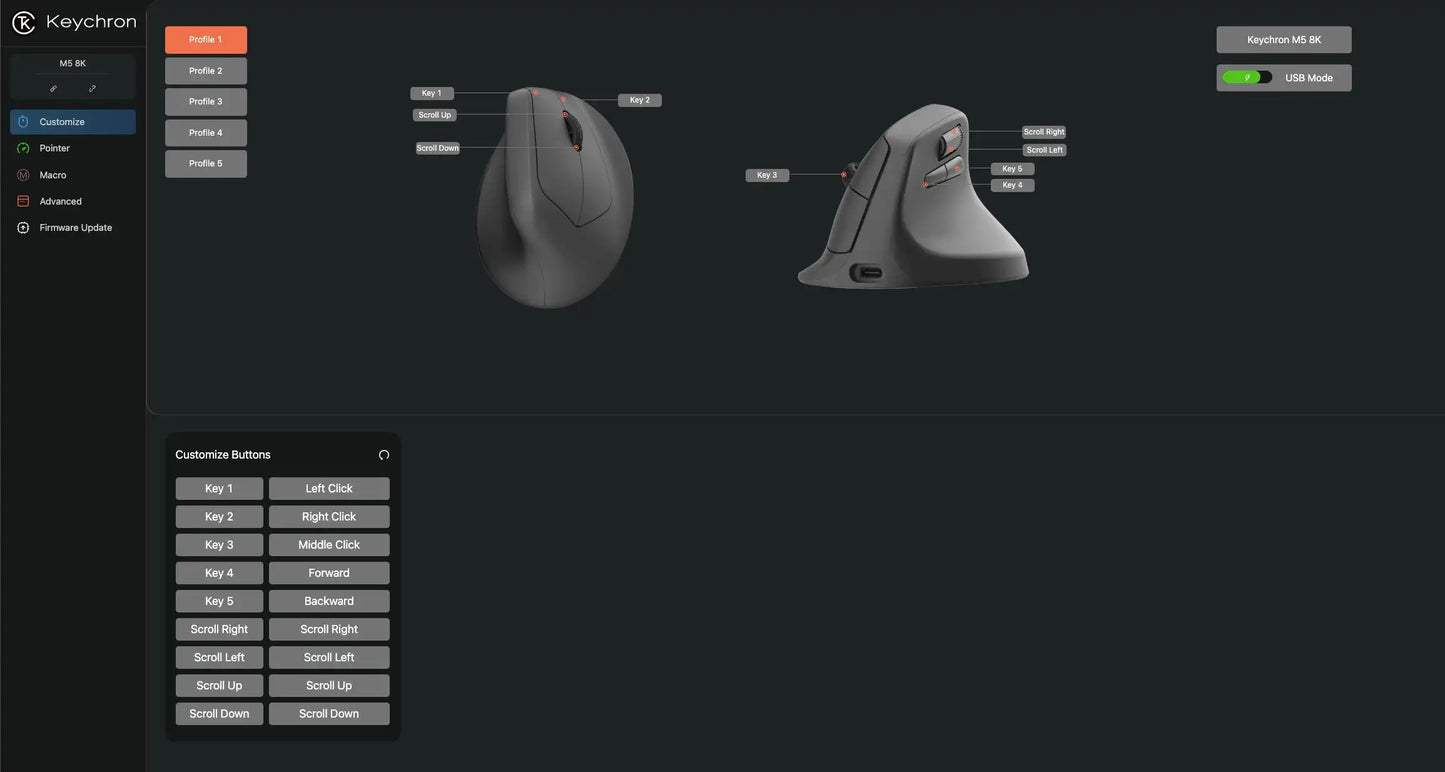 Keychron M5 Wireless Ergonomic Mouse Optical 8K Polling Rate 2.4GHz & Bluetooth Type-C Mice 3950 Sensor