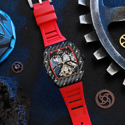 Mechaniczny zegarek Tourbillion dla mężczyzn, silikonowy pasek, szkieletowa koperta tonneau, automatyczne zegarki męskie, luksusowa topowa marka, reloj hombre