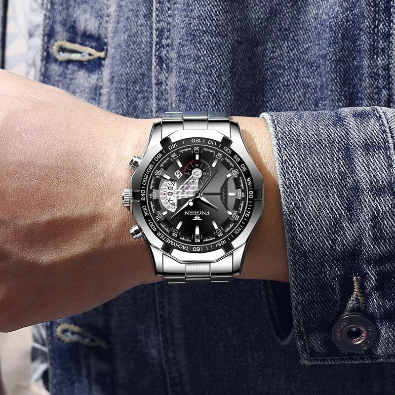 Armbandsur för män, i militär-, casual- eller sportstil, med kvartsverk, från ett prestigefyllt varumärke, helt i stål, vattentätt
