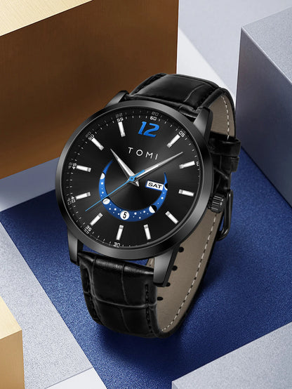 Relógio de quartzo TOMI, estilo empresarial e elegante, com bracelete em pele, caixa em liga metálica e mostrador com ponteiros – Design de alta qualidade, ideia de presente para homem