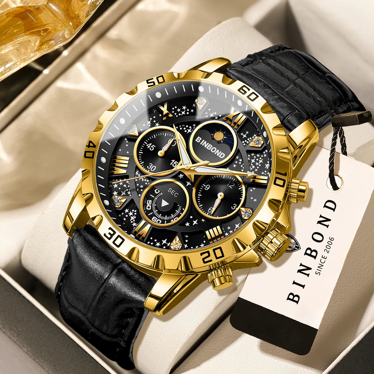 Relógio de pulso de quartzo BINBOND, autêntico e preciso, para homem, cronógrafo luxuoso, resistente à água e com luz, com bracelete em pele.