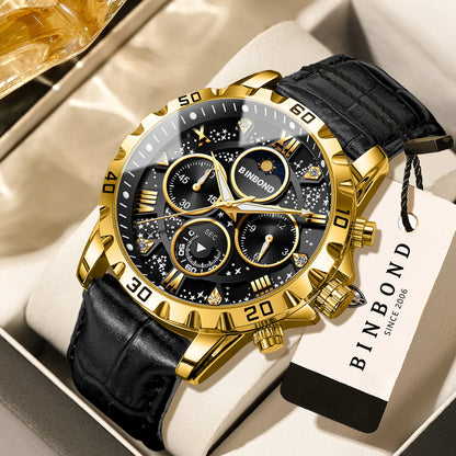 Relógio de pulso de quartzo BINBOND, autêntico e preciso, para homem, cronógrafo luxuoso, resistente à água e com luz, com bracelete em pele.