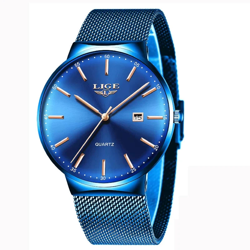 Relógio de homem LIGE, modelo elegante e luxuoso, ultrafino, estanque, com bracelete em malha, movimento de quartzo, indicação da data e calendário – ideal para um estilo profissional.