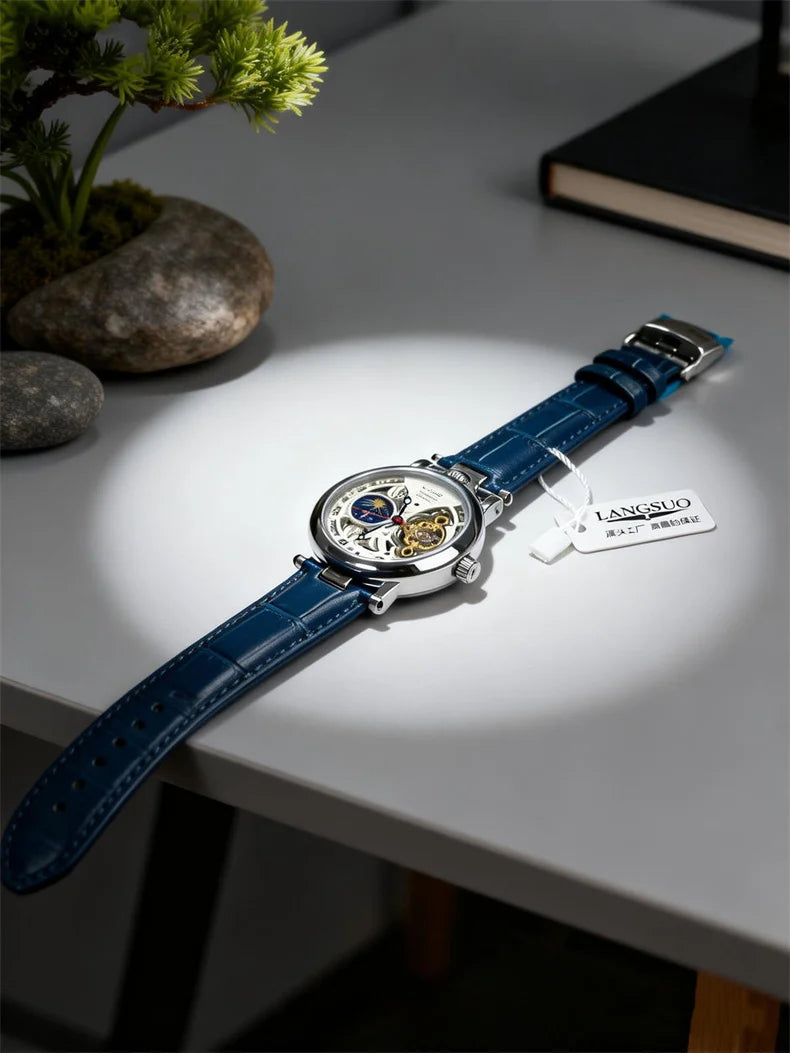  Top Luxury Moon Phase Men's Watches Original Mechanical Leather Men Clock Date Week Hollow Tourbillon Automatic Man Watch