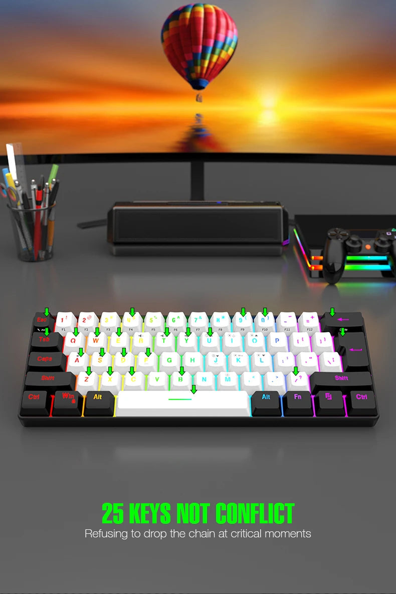 60% compact wired keyboard with 61 key membrane layout, RGB backlighting, ergonomic design, small and portable office computer