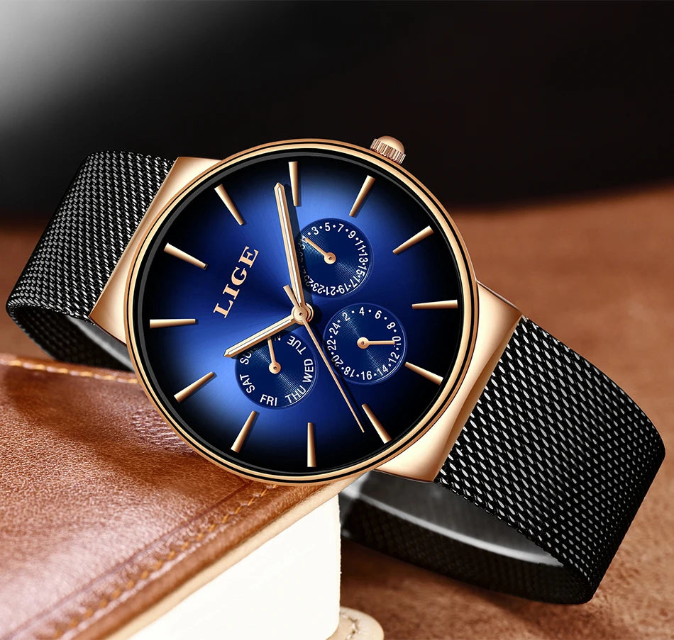 Relógio feminino LIGE, elegante e moderno – Estilo desportivo e descontraído, bracelete em malha, movimento de quartzo, indicação da data e do dia, resistente à água.