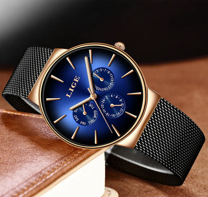 Relógio feminino LIGE, elegante e moderno – Estilo desportivo e descontraído, bracelete em malha, movimento de quartzo, indicação da data e do dia, resistente à água.