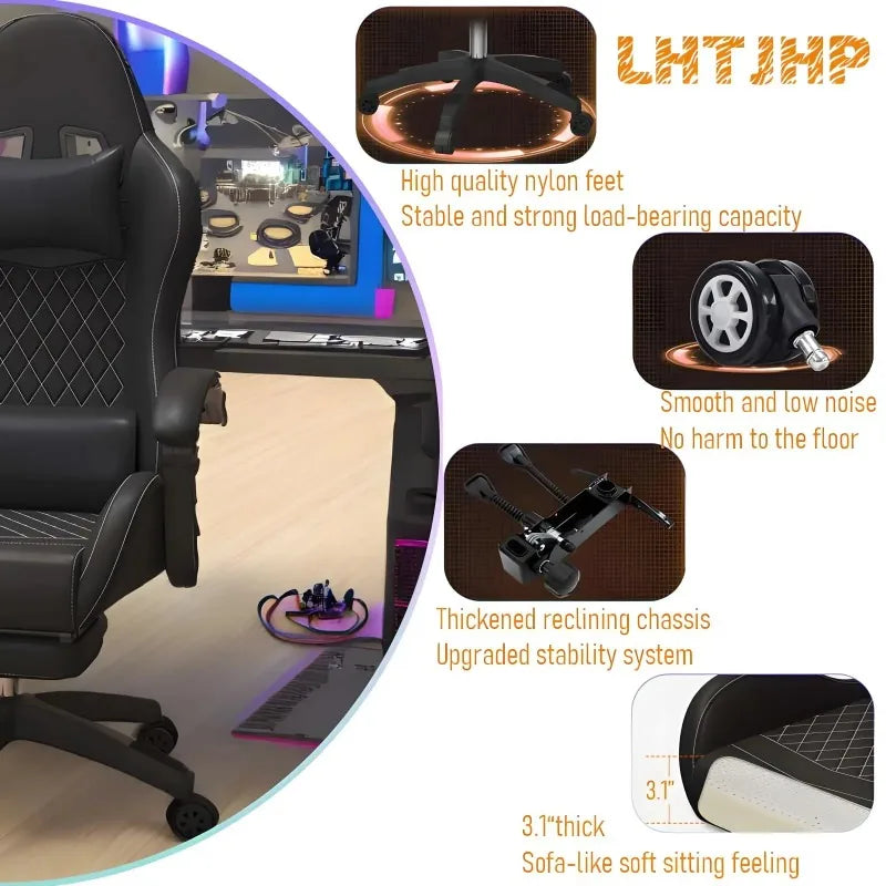 Hestora PU Leather Big and Tall Gaming Chair Ergonomic High Back Computer Chair with Footrest Massage Lumbar Support for Adults