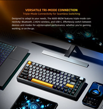 Teclado mecánico Machenike K600-B82W Tri-Modos con montaje gasket, diseño ANSI 75%, retroiluminación RGB y conexión inalámbrica para gaming