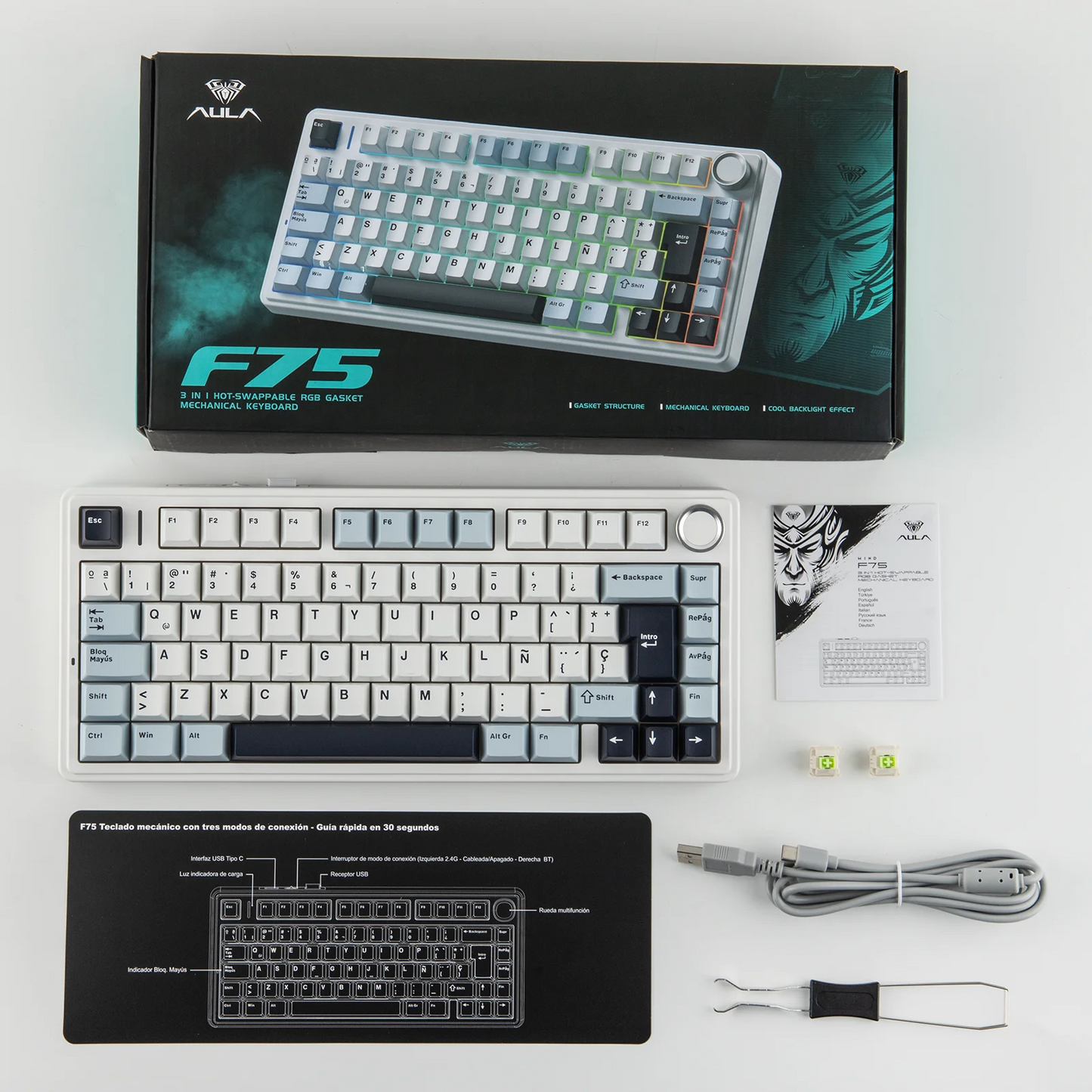 EPOMAKER AULA F75 ISO-ES 75% spagnola QWERTY Hot-Swap, tastiera meccanica da gaming cablata/Bluetooth/wireless 2.4GHz con montaggio gasket e retroilluminazione RGB