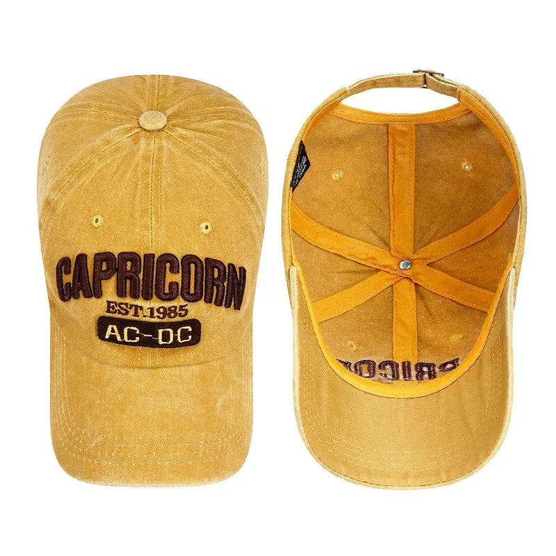 New Unisex Washed Distressed 'CAPRICORN' Alphabet 3D Embroidery Soft Top Baseball Cap Fashion Men Women Outdoor Casual Sport Cap