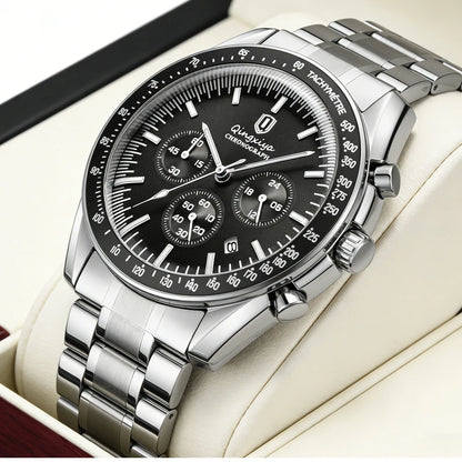 Relógio de quartzo para homem, de marca de luxo, estanque e luminescente, em aço inoxidável, equipado com um cronógrafo de 24 horas e um indicador de data – Relógio elegante para homem